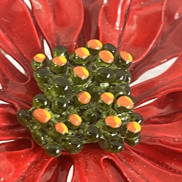 Vintage 60's Enamel Flower Poinsettia Brooch Pin Red Green Jewelry MCM Mod 5" - Picture 16 of 16